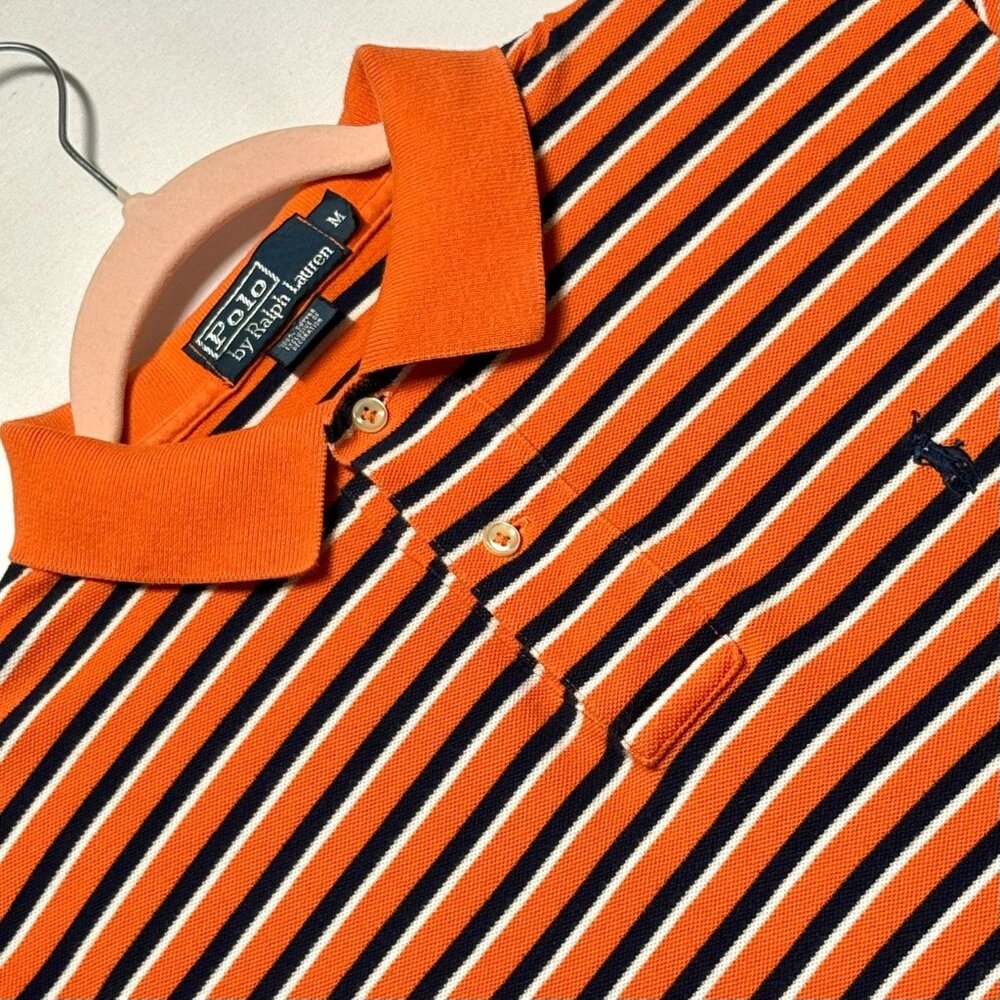 Polo Ralph Lauren‎ Mens Size M Orange & Navy Striped Mesh Polo Shirt Excellent
